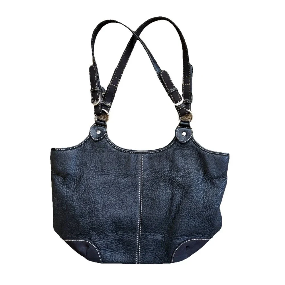 The Sak Black Pebbled Leather Shoulder Bag Buckles Silver Hardware Stitching